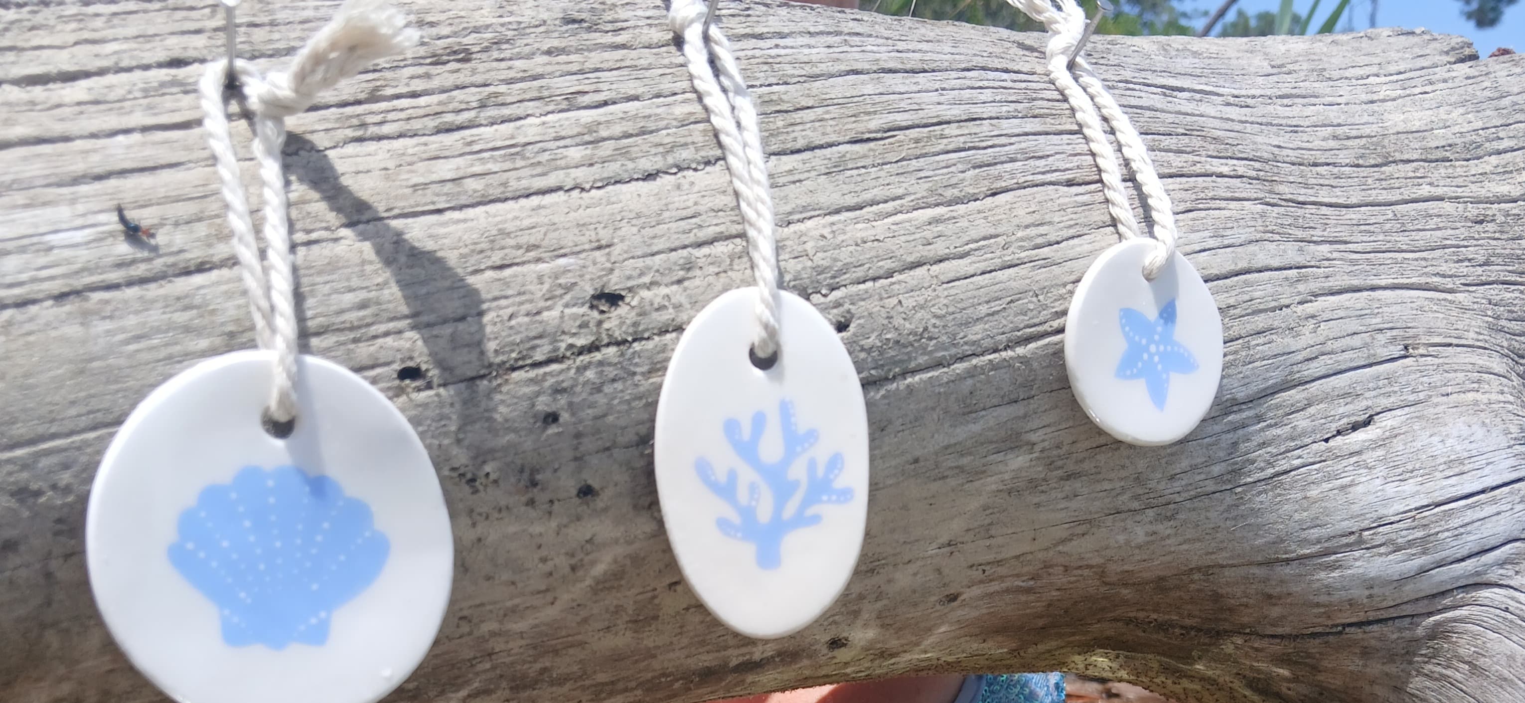 Trio marin coquillage, corail et étoile de mer en bleu clair, suspendus à du bois flotté