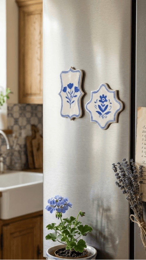Lot de magnets floraux en argile blanche peinte en bleu, sur un réfrigérateur