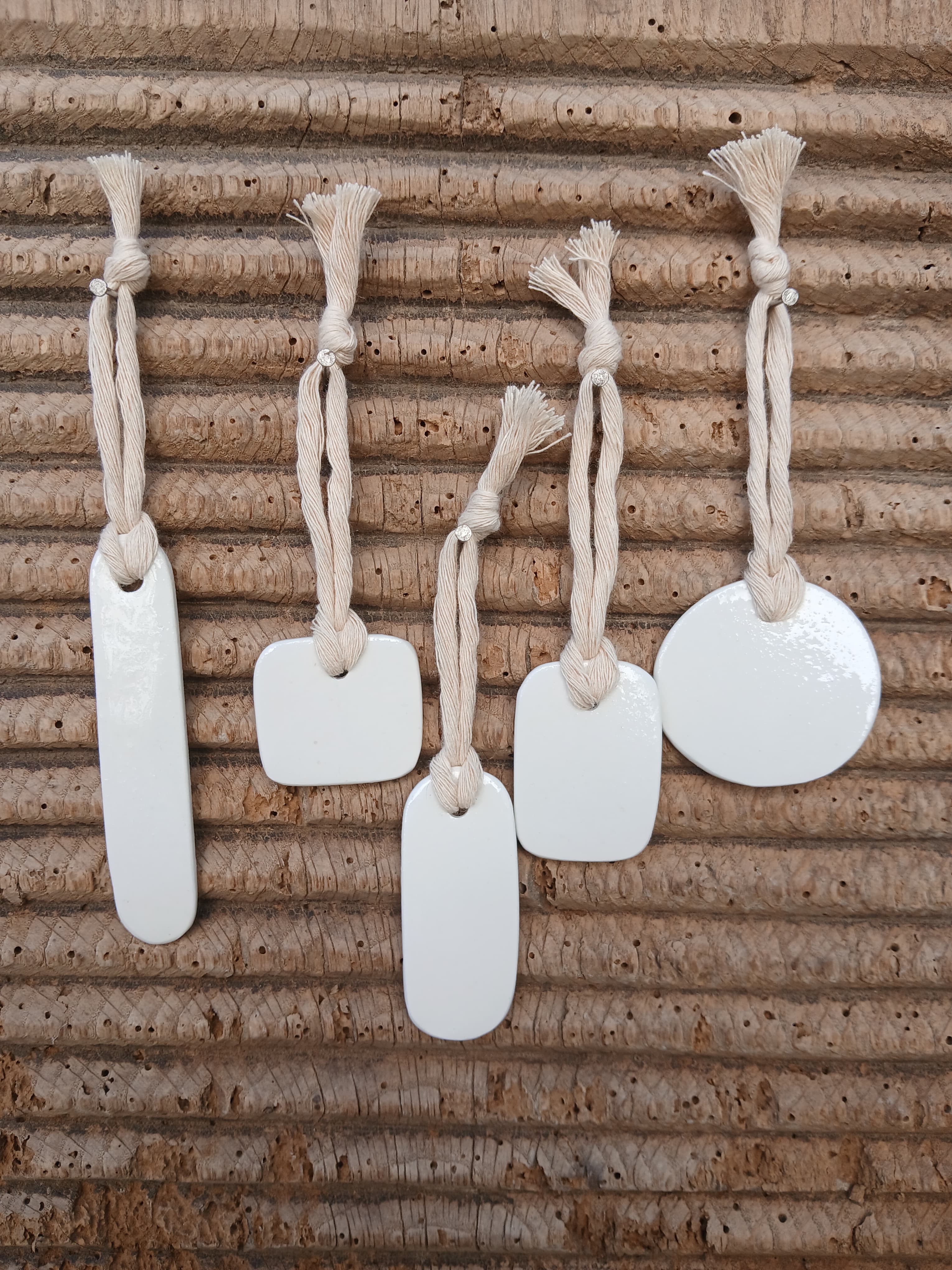 Lot de 5 suspensions Jardin en argile blanche naturelle, cordon en coton torsadé, sur bois